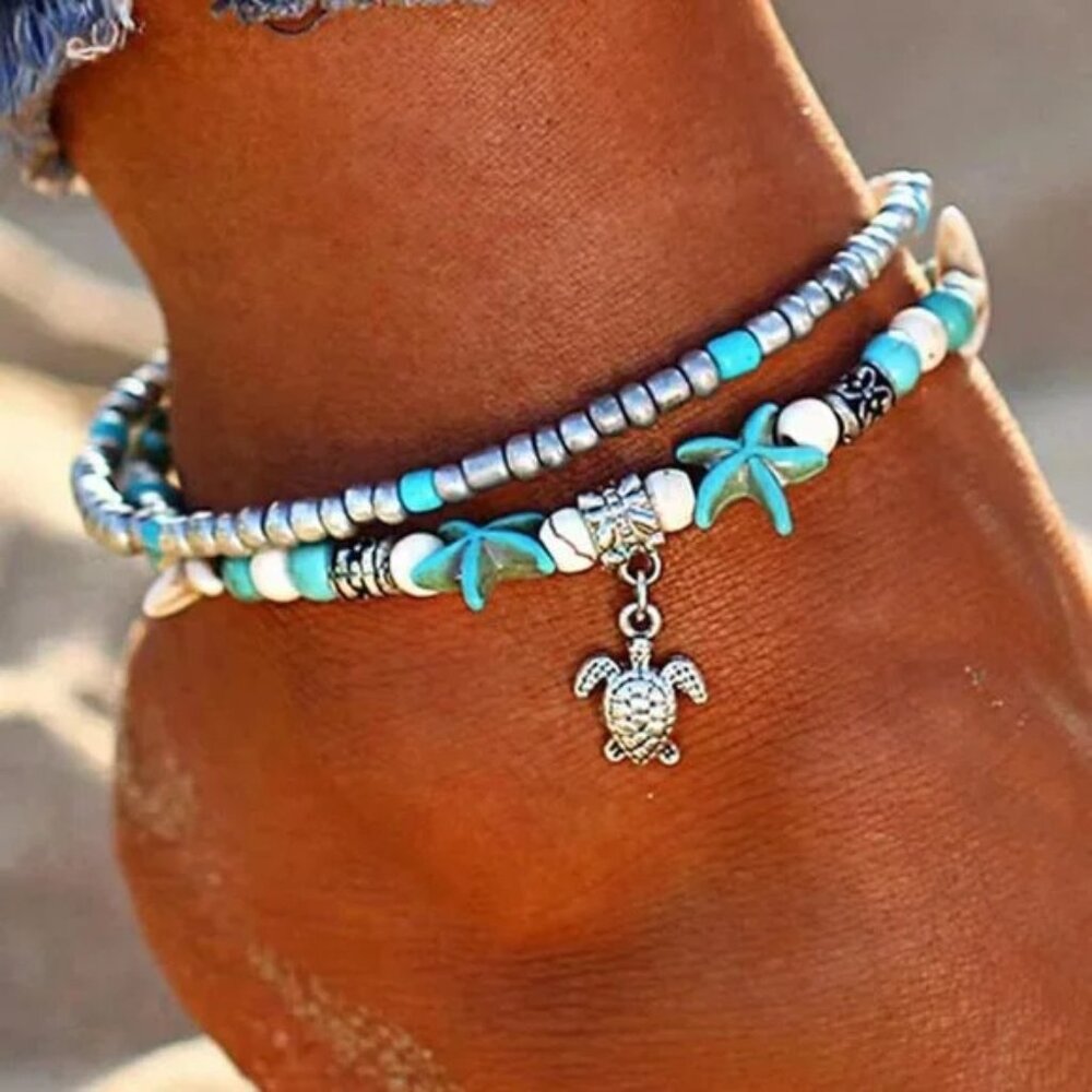 Bohemian Turtle & Starfish Decor Beaded Layered Anklet, Beach foot Juwelry